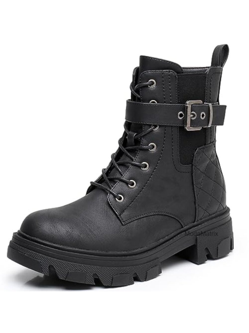 Women's Faux Leather Combat Boots Lace Up Mid-Calf Chunky Lug Sole